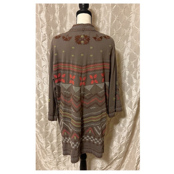 Johnny Was Bohemian Brown Embroidered Open Front Draped Cardigan - Picture 3 of 10